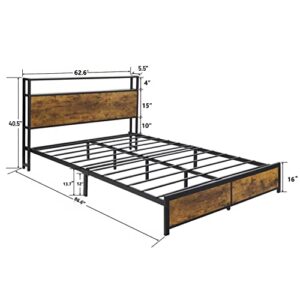 Catrimown Queen Bed Frame with Storage Headboard Platform Bed Frame Queen Size with 2 Tier Headboard Industrial Wood Queen Bed Frames No Box Spring Needed Noise Free, Rustic Brown (Queen)