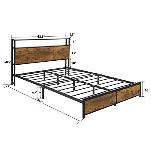 Catrimown Queen Bed Frame with Storage Headboard Platform Bed Frame Queen Size with 2 Tier Headboard Industrial Wood Queen Bed Frames No Box Spring Needed Noise Free, Rustic Brown (Queen)