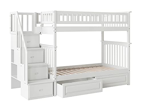 AFI Columbia Staircase Bunk Twin Over Twin with Turbo Charger and Raised Panel Bed Drawers in White