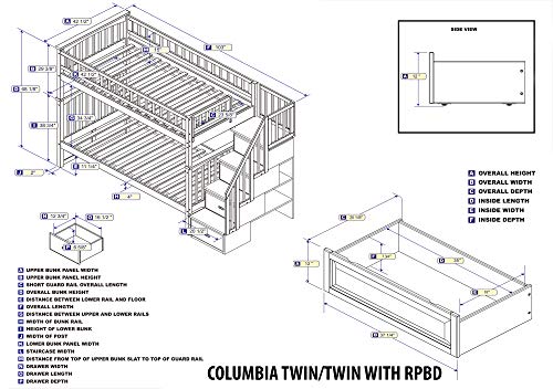 AFI Columbia Staircase Bunk Twin Over Twin with Turbo Charger and Raised Panel Bed Drawers in White