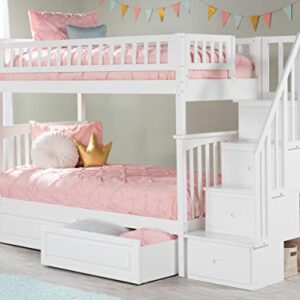 AFI Columbia Staircase Bunk Twin Over Twin with Turbo Charger and Raised Panel Bed Drawers in White