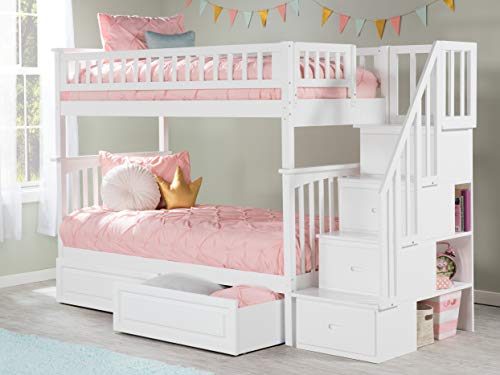 AFI Columbia Staircase Bunk Twin Over Twin with Turbo Charger and Raised Panel Bed Drawers in White