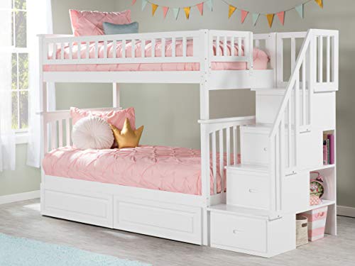 AFI Columbia Staircase Bunk Twin Over Twin with Turbo Charger and Raised Panel Bed Drawers in White