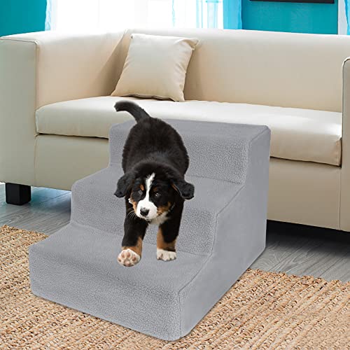 yofit Doggy Steps - Non-Slip 3 Steps Pet Stairs for Cats and Dogs, Foldable Plastic with Washable Carpet (Gray)