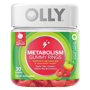 olly metabolism gummy rings, apple cider vinegar, vitamin b12, chromium, energy and digestive health, chewable supplement, apple flavor – 30 count