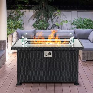 propane gas fire pit table with wind guard for outdoor, auto-ignition firepits 43” rattan table 50,000 btu, black