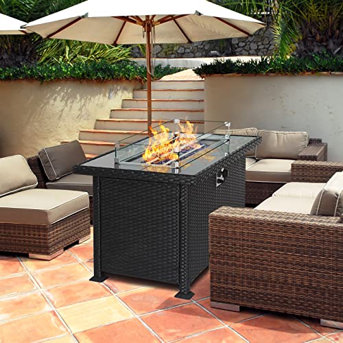 Propane Gas Fire Pit Table with Wind Guard for Outdoor, Auto-Ignition Firepits 43'' Rattan Table 50,000 BTU, Black