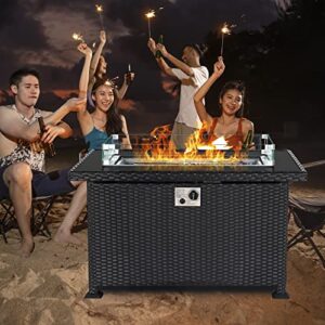 Propane Gas Fire Pit Table with Wind Guard for Outdoor, Auto-Ignition Firepits 43'' Rattan Table 50,000 BTU, Black