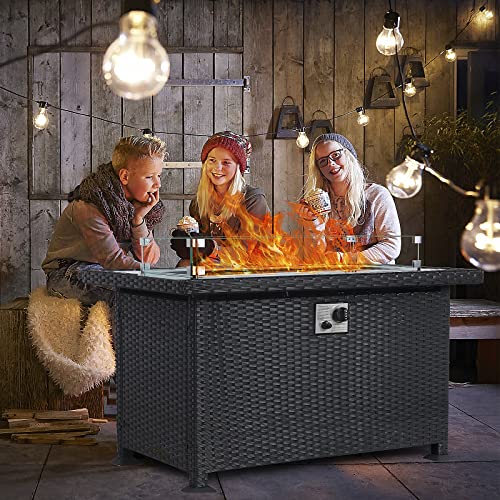 Propane Gas Fire Pit Table with Wind Guard for Outdoor, Auto-Ignition Firepits 43'' Rattan Table 50,000 BTU, Black