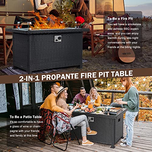 Propane Gas Fire Pit Table with Wind Guard for Outdoor, Auto-Ignition Firepits 43'' Rattan Table 50,000 BTU, Black