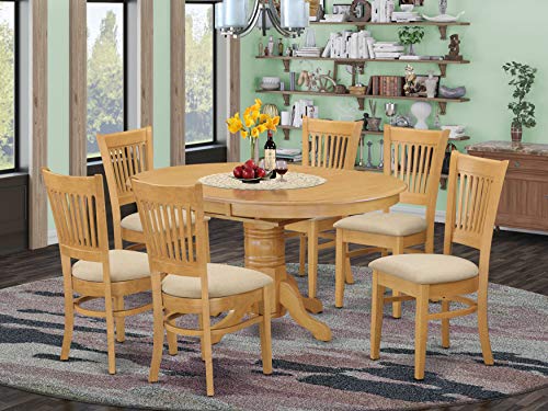East-West Furniture AVVA7-OAK-C Mid-Century Dining Table Set- 6 Fantastic Dining Chairs with Linen Fabric Seat - A Wonderful Butterfly Leaf Round Dining Table (Oak Finish)