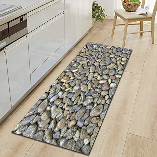 OPLJ 3D Stone Printed Long Floor Mats Non-Slip Kitchen Carpet Simulated Pebble Bathroom Rugs Washable Floor Mat Home Decor A5 60x180cm