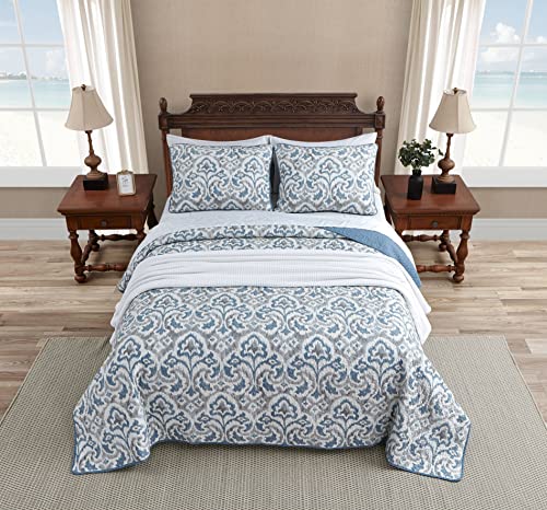 Tommy Bahama Quilt Set Reversible Cotton Bedding with Matchin Shams, All Season Home Decor, King, Cape Verde Smoke Grey/Blue