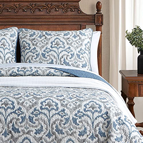 Tommy Bahama Quilt Set Reversible Cotton Bedding with Matchin Shams, All Season Home Decor, King, Cape Verde Smoke Grey/Blue