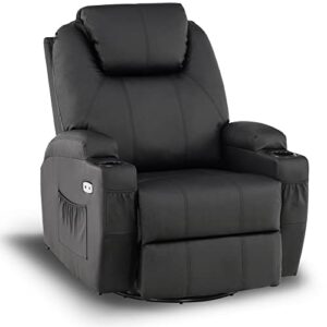 mcombo manual swivel glider rocker recliner chair with massage and heat for adult, cup holders, usb ports, 2 side pockets, faux leather 8031 (black)
