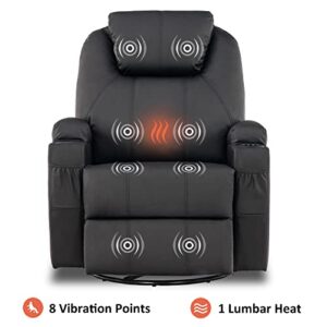 MCombo Manual Swivel Glider Rocker Recliner Chair with Massage and Heat for Adult, Cup Holders, USB Ports, 2 Side Pockets, Faux Leather 8031 (Black)