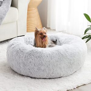 wnpethome calming dog bed & cat bed, anti-anxiety donut small dog bed, fluffy faux fur cat cushion dog bed for small dogs and cats (20″/24″/27″/30″) (20 x 20 x 8 inch, light grey)