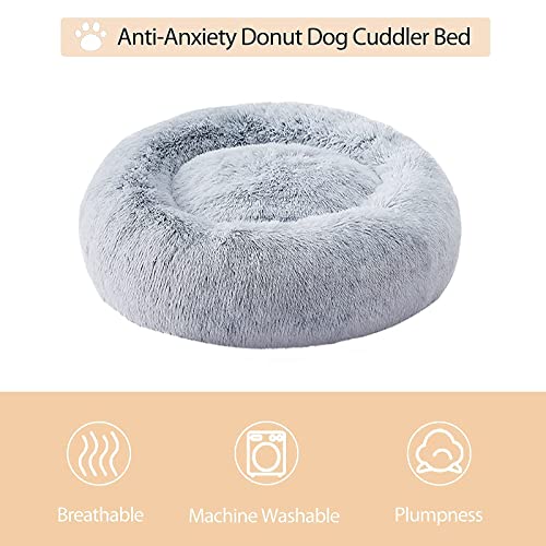 WNPETHOME Calming Dog Bed & Cat Bed, Anti-Anxiety Donut Small Dog Bed, Fluffy Faux Fur Cat Cushion Dog Bed for Small Dogs and Cats (20"/24"/27"/30") (20 x 20 x 8 Inch, Light Grey)