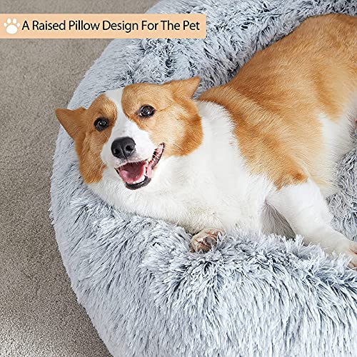 WNPETHOME Calming Dog Bed & Cat Bed, Anti-Anxiety Donut Small Dog Bed, Fluffy Faux Fur Cat Cushion Dog Bed for Small Dogs and Cats (20"/24"/27"/30") (20 x 20 x 8 Inch, Light Grey)