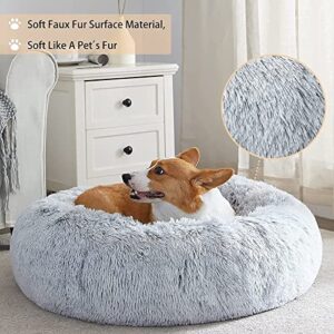 WNPETHOME Calming Dog Bed & Cat Bed, Anti-Anxiety Donut Small Dog Bed, Fluffy Faux Fur Cat Cushion Dog Bed for Small Dogs and Cats (20"/24"/27"/30") (20 x 20 x 8 Inch, Light Grey)