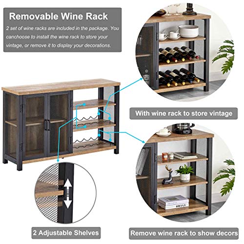 BON AUGURE Industrial Bar Cabinet with Removable Wine Rack, Multi-Function Rustic Wine Cabinet for Liquor and Glasses, Farmhouse Liquor Cabinet Bar for Home (47 Inch, Vintage Oak)