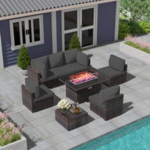 vivijason 8 pieces patio furniture sectional sofa sets with fire pit table, outdoor pe wicker rattan conversation sets with 44″ rectangular propane gas fire pit 50,000 btu and grey cushion