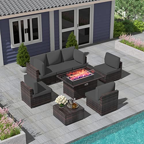 VIVIJASON 8 Pieces Patio Furniture Sectional Sofa Sets with Fire Pit Table, Outdoor PE Wicker Rattan Conversation Sets with 44" Rectangular Propane Gas Fire Pit 50,000 BTU and Grey Cushion