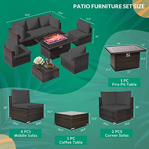 VIVIJASON 8 Pieces Patio Furniture Sectional Sofa Sets with Fire Pit Table, Outdoor PE Wicker Rattan Conversation Sets with 44" Rectangular Propane Gas Fire Pit 50,000 BTU and Grey Cushion