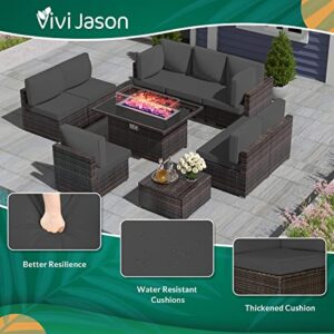 VIVIJASON 8 Pieces Patio Furniture Sectional Sofa Sets with Fire Pit Table, Outdoor PE Wicker Rattan Conversation Sets with 44" Rectangular Propane Gas Fire Pit 50,000 BTU and Grey Cushion