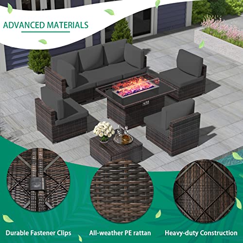 VIVIJASON 8 Pieces Patio Furniture Sectional Sofa Sets with Fire Pit Table, Outdoor PE Wicker Rattan Conversation Sets with 44" Rectangular Propane Gas Fire Pit 50,000 BTU and Grey Cushion