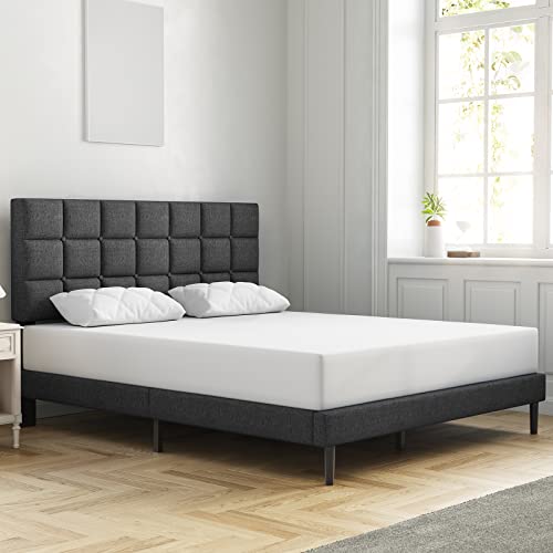Molblly Queen Bed Frame Upholstered Platform with Headboard and Strong Wooden Slats,Non-Slip and Noise-Free,No Box Spring Needed, Easy Assembly,Dark Gray