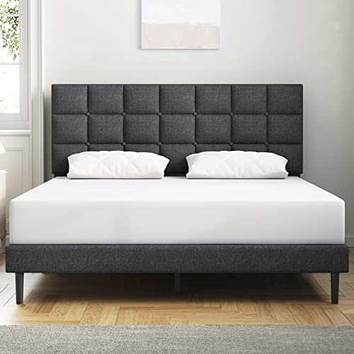 Molblly Queen Bed Frame Upholstered Platform with Headboard and Strong Wooden Slats,Non-Slip and Noise-Free,No Box Spring Needed, Easy Assembly,Dark Gray