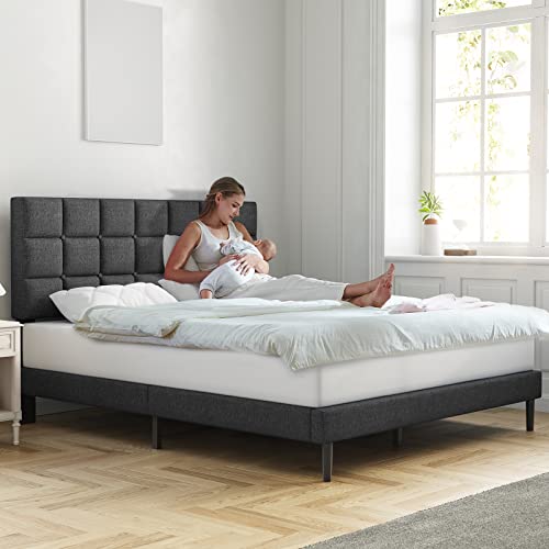 Molblly Queen Bed Frame Upholstered Platform with Headboard and Strong Wooden Slats,Non-Slip and Noise-Free,No Box Spring Needed, Easy Assembly,Dark Gray