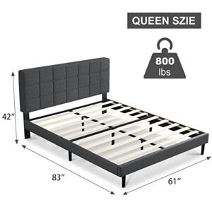 Molblly Queen Bed Frame Upholstered Platform with Headboard and Strong Wooden Slats,Non-Slip and Noise-Free,No Box Spring Needed, Easy Assembly,Dark Gray