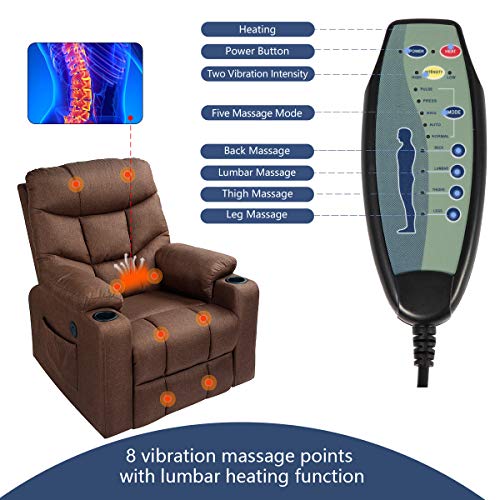 Esright Power Lift Chair Electric Recliner for Elderly Heated Vibration Massage Fabric Sofa Motorized Living Room Chair with Side Pocket and Cup Holders, USB Charge Port&Massage Remote Control, Brown