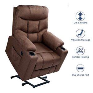 Esright Power Lift Chair Electric Recliner for Elderly Heated Vibration Massage Fabric Sofa Motorized Living Room Chair with Side Pocket and Cup Holders, USB Charge Port&Massage Remote Control, Brown