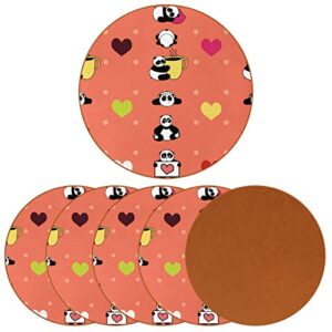 6 pcs premium leather coasters for drinks – heat resistant drink coaster – protect furniture from stains water rings and damage – funny sleepy panda coffee and hearts pattern