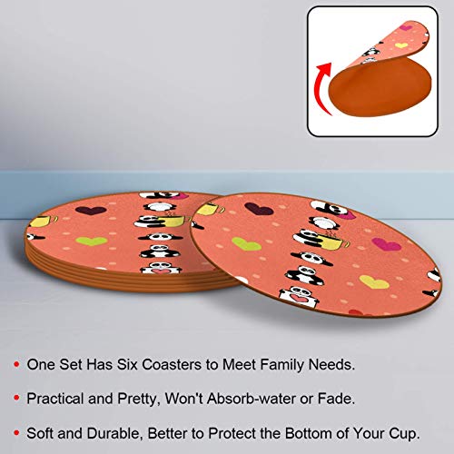 6 PCS Premium Leather Coasters for Drinks - Heat Resistant Drink Coaster - Protect Furniture from Stains Water Rings and Damage - Funny Sleepy Panda Coffee and Hearts Pattern