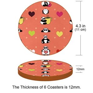 6 PCS Premium Leather Coasters for Drinks - Heat Resistant Drink Coaster - Protect Furniture from Stains Water Rings and Damage - Funny Sleepy Panda Coffee and Hearts Pattern