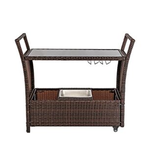 walnut outdoor patio furniture set outdoor patio wicker rattan serving bar cart with ice bucket wine rack brown