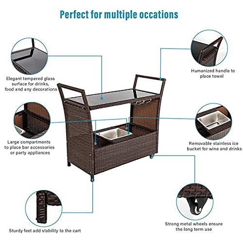 Walnut Outdoor Patio Furniture Set Outdoor Patio Wicker Rattan Serving Bar Cart with Ice Bucket Wine Rack Brown