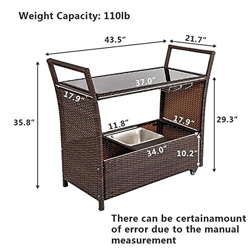 Walnut Outdoor Patio Furniture Set Outdoor Patio Wicker Rattan Serving Bar Cart with Ice Bucket Wine Rack Brown