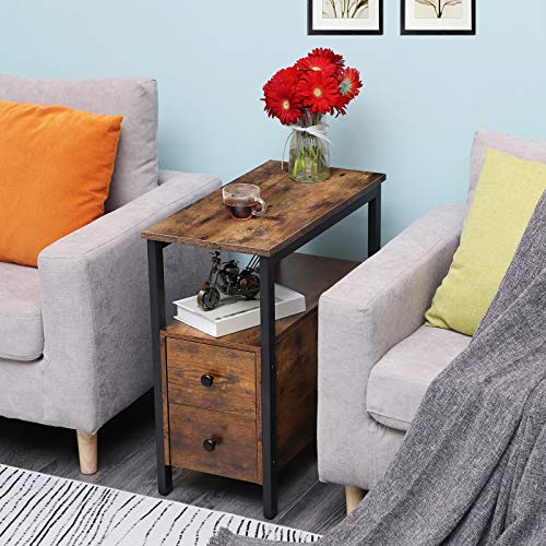 HOOBRO End Table, Set of 2, Recliner Side Table with 2 Drawer and Open Shelf, Narrow Nightstand for Small Space, in Living Room, Bedroom, Wood Look Accent Table, Rustic Brown and Black BF54BZP201G1