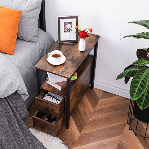 HOOBRO End Table, Set of 2, Recliner Side Table with 2 Drawer and Open Shelf, Narrow Nightstand for Small Space, in Living Room, Bedroom, Wood Look Accent Table, Rustic Brown and Black BF54BZP201G1