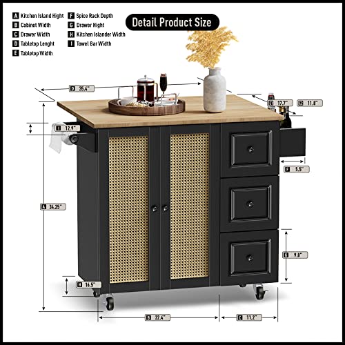 cozeum Portable Kitchen Island on Wheels with Wood Drop Leaf Countertop, 45" Rolling Kitchen Island Cart with Storage Cabinet, 3 Drawer, Rattan Door Style Cabinet, Spice Rack, Towel Bar, Black