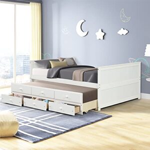 ouyessir full captains bed with trundle and storage drawers, full trundle bed with 3 storage drawers, full day bed with trundle bed, solid wood full size captains bed for kids teens and adults (white)