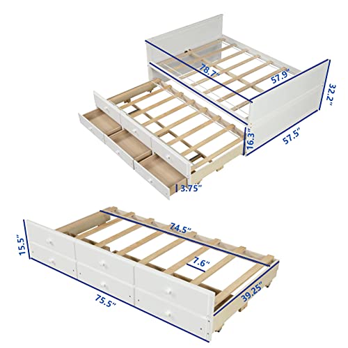 OUYESSIR Full Captains Bed with Trundle and Storage Drawers, Full Trundle Bed with 3 Storage Drawers, Full Day Bed with Trundle Bed, Solid Wood Full Size Captains Bed for Kids Teens and Adults (White)