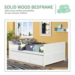 OUYESSIR Full Captains Bed with Trundle and Storage Drawers, Full Trundle Bed with 3 Storage Drawers, Full Day Bed with Trundle Bed, Solid Wood Full Size Captains Bed for Kids Teens and Adults (White)