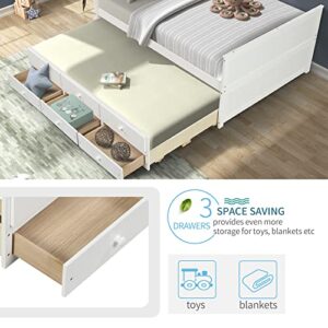 OUYESSIR Full Captains Bed with Trundle and Storage Drawers, Full Trundle Bed with 3 Storage Drawers, Full Day Bed with Trundle Bed, Solid Wood Full Size Captains Bed for Kids Teens and Adults (White)