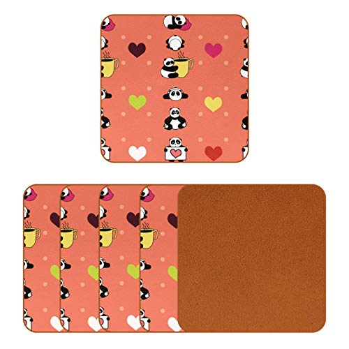 Funny Sleepy Panda Coffee and Hearts Pattern Coasters for Drinks, Set of 6, Coasters for Coffee Mugs Cups Beer Wine Bottle Cocktail Desk Prevent Furniture from Dirty and Scratched